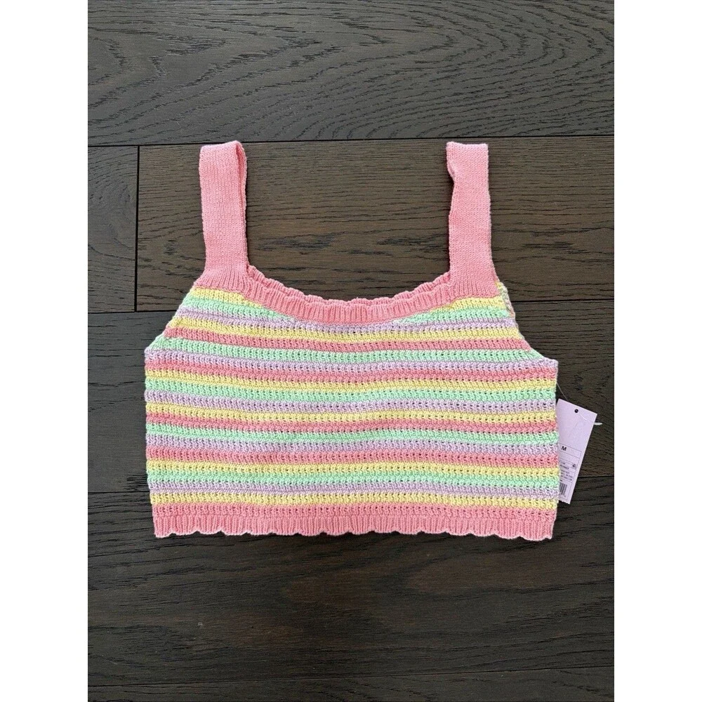 Wild Fable Pastel Striped Knit Crop Tank Top Pink Yellow Green Purple Med